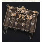 Elegant chinese bridal jewelry featuring gold-colored ornate hair accessories with pearls crystals and intricate floral designs