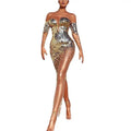 Elegant fairy banquet sequined bodycon dress in shimmering gold and silver with off-the-shoulder long sleeves