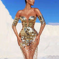 Elegant fairy banquet sequined bodycon dress in shimmering gold and silver with long sheer sleeves for formal events