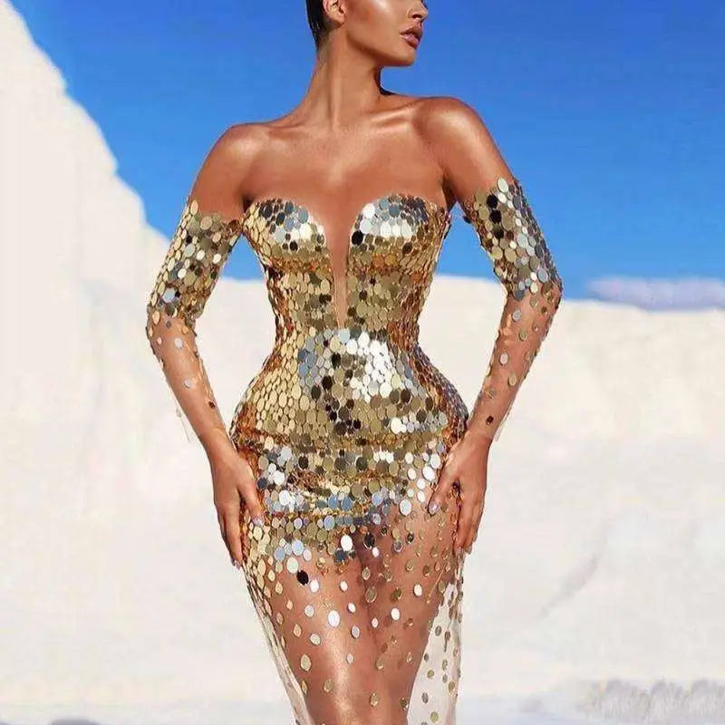 Elegant fairy banquet sequined bodycon dress in shimmering gold and silver with long sheer sleeves for formal events