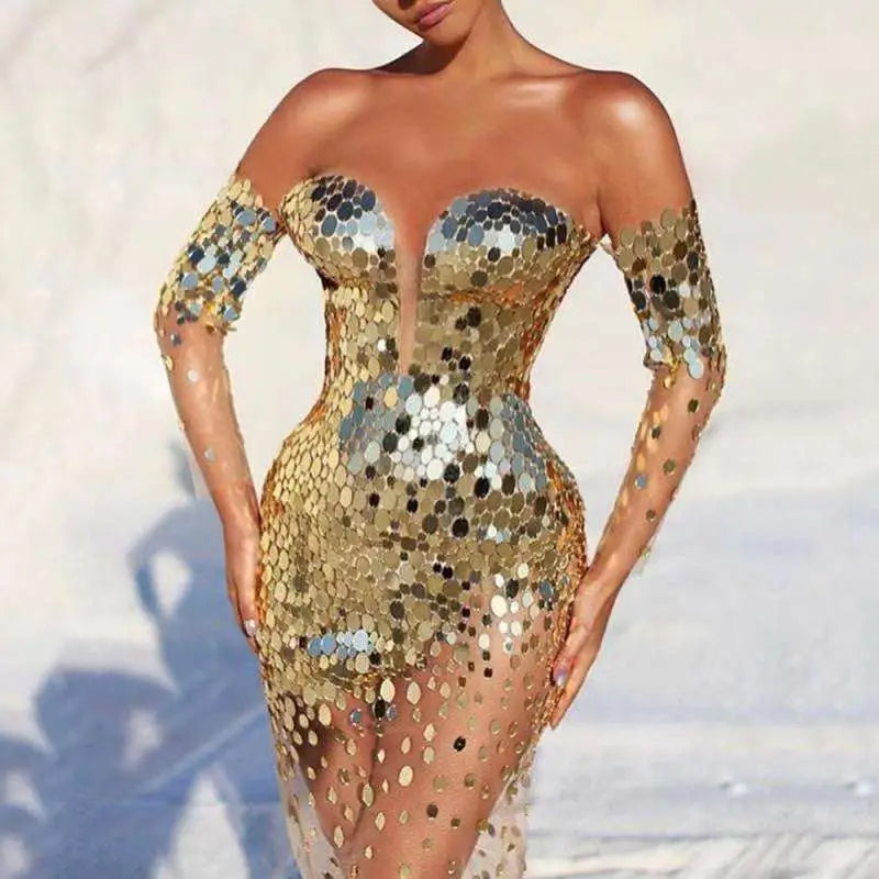 Elegant fairy banquet sequined bodycon dress in gold and silver with off the shoulder sheer mesh panels