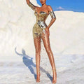 Elegant fairy banquet sequined bodycon dress in gold and silver with long sheer sleeves and shimmering fabric