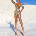 Elegant fairy banquet sequined bodycon dress in gold and silver with long sheer sleeves and shimmering fabric