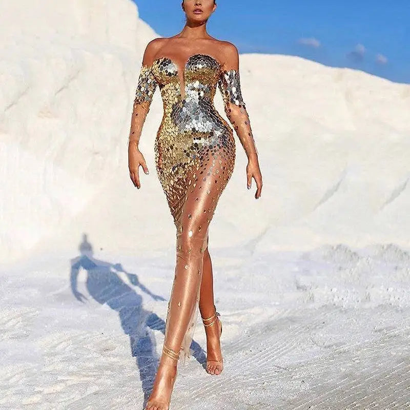 Elegant fairy banquet sequined bodycon dress with gold and silver sequins and a sheer mesh overlay