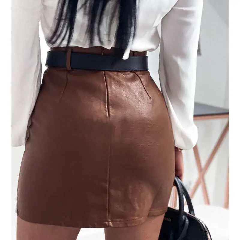 Elegant fashion rivets pu leather mini skirt in brown with silver studs featuring a sleek high-waisted design and structured seams