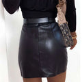 Black rivets pu leather mini skirt with silver studs and a sleek glossy finish featuring a central front seam