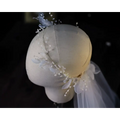 Elegant white floral bridal wreath veil adorned with sheer fabric petals and sparkling crystal bead accents