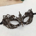Elegant gold lace mask featuring intricate brown lace floral and scrollwork patterns for pointed Halloween events