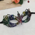 Elegant gold lace mask with small pointed design featuring a colorful rainbow gradient for pointed Halloween events