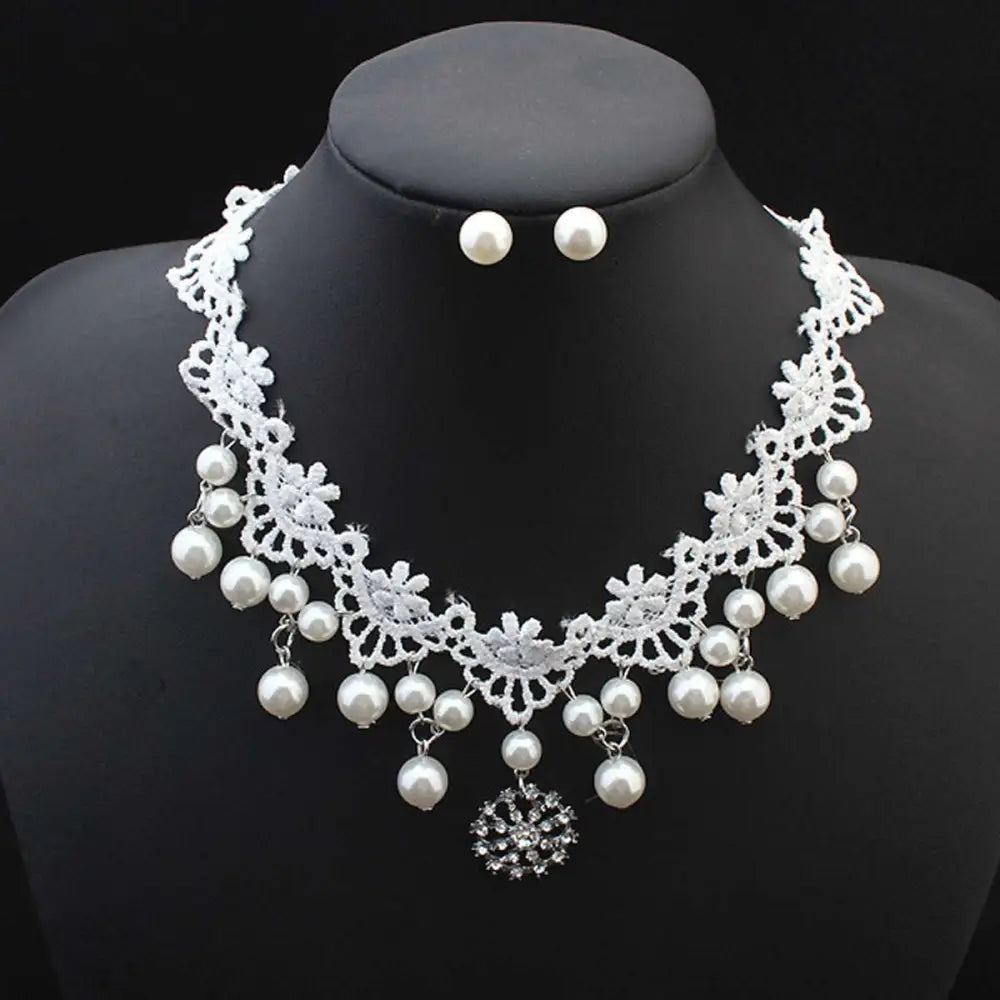 Elegant jewelry bride white lace pearl choker set with dangling pearls and crystal embellishment for bridal wear