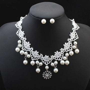 Elegant jewelry bride white lace pearl choker set with dangling pearls and crystal embellishment for bridal wear