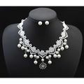 Elegant jewelry bride white lace choker set with dangling pearls and sparkling crystal pendant for bridal wear
