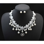 Elegant jewelry bride white lace choker set with dangling pearls and sparkling crystal pendant for bridal wear