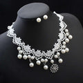 Elegant jewelry bride lace pearl choker set featuring a white lace necklace with dangling pearls and crystal pendant