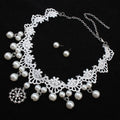Elegant jewelry bride lace pearl choker set featuring a white lace choker with dangling pearls and crystal embellishment