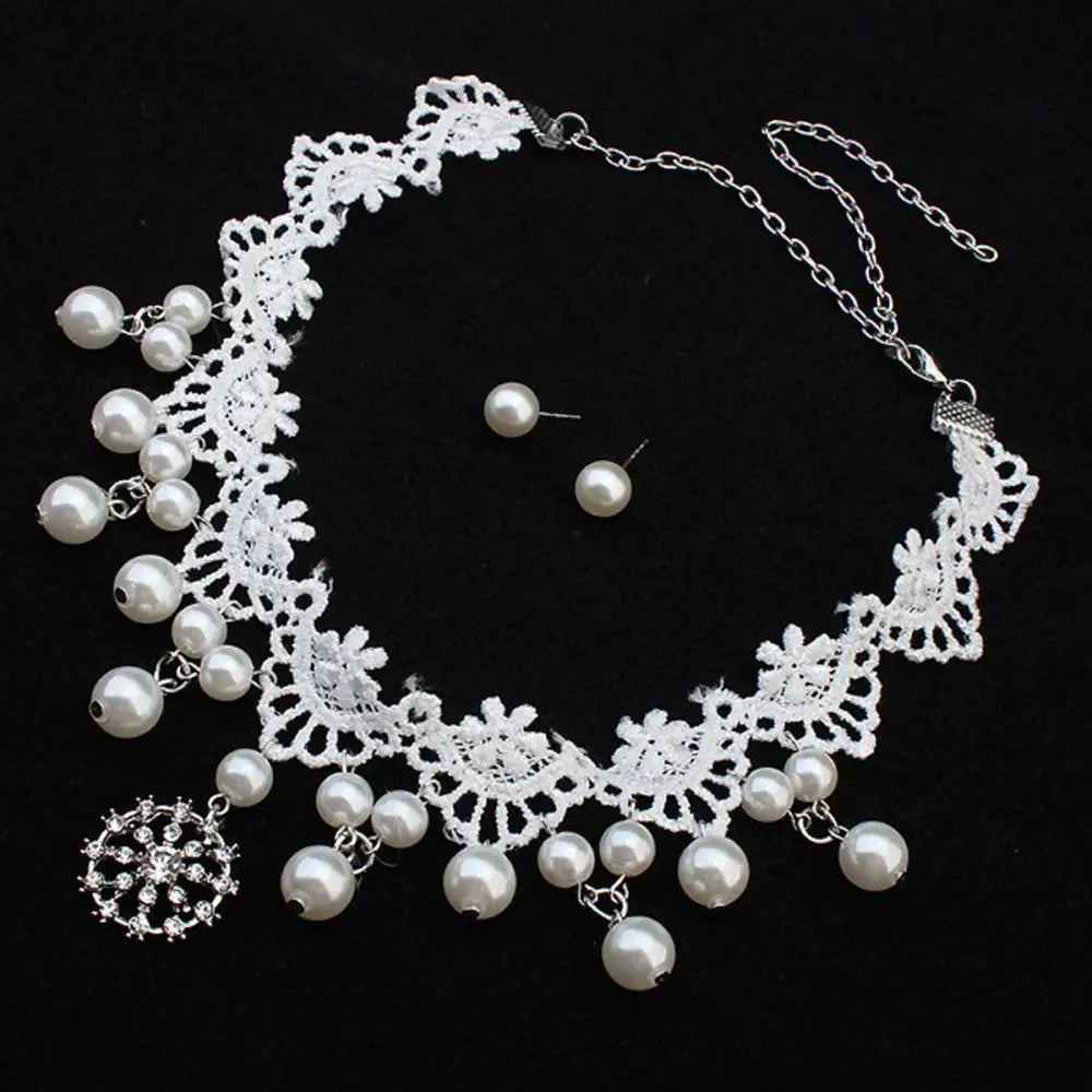 Elegant jewelry bride lace pearl choker set featuring a white lace choker with dangling pearls and crystal embellishment