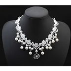 Silver lace choker set with dangling pearl clusters and a floral pendant elegant jewelry bride lace accessory