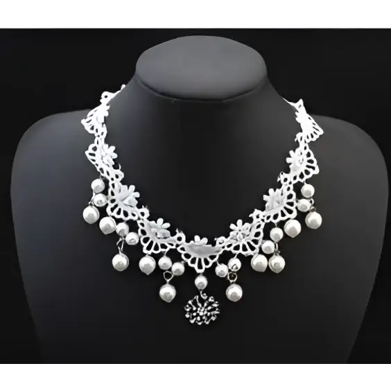 Silver lace choker set with dangling pearl clusters and a floral pendant elegant jewelry bride lace accessory