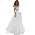 Elegant lace light wedding dress featuring a white off-the-shoulder wedding gown with intricate lace detailing and tulle skirt