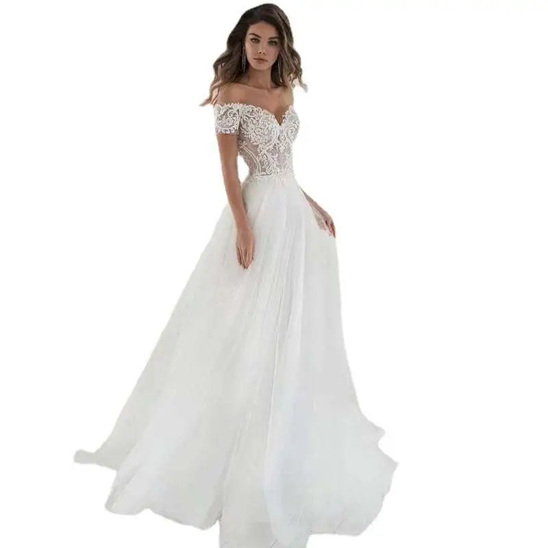 Elegant lace light wedding dress featuring a white off-the-shoulder wedding gown with intricate lace detailing and tulle skirt