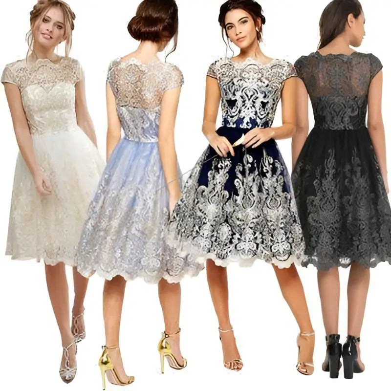 A collection of elegant short lace retro mesh dresses in cream, light blue, navy, and black colors
