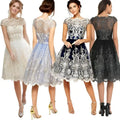 A collection of elegant short lace retro mesh dresses in cream, light blue, navy, and black colors