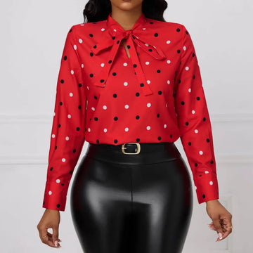 Elegant printed polka dot red bow blouse with long sleeves and neckline bow for a stylish formal look