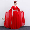 Elegant red long guzheng performance dress featuring vibrant floor-length design with sheer long sleeves and beaded waistband