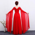 Elegant vibrant red long guzheng performance dress with floor-length design sheer long sleeves and beaded v-neckline shoulders