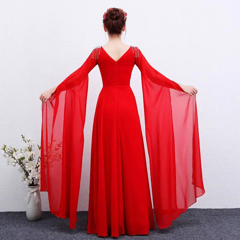 Elegant vibrant red long guzheng performance dress with floor-length design sheer long sleeves and beaded v-neckline shoulders