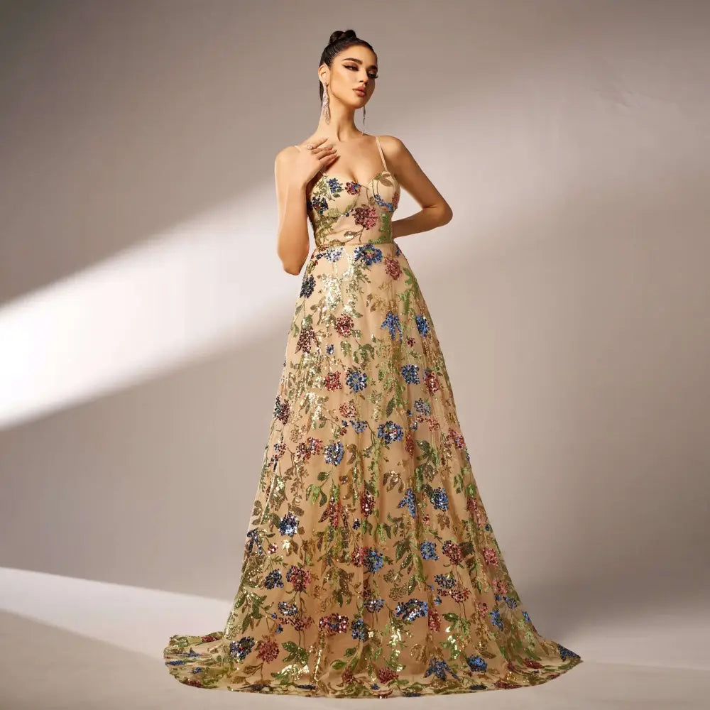 Beige elegant sleeveless sequined suspender evening dress with floor-length floral embroidery in blue red and green sequins