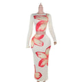 Elegant slim print white long-sleeved bodycon dress with red and cream floral print and matching belt in skirt set style