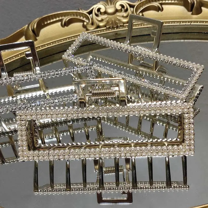 Elegant sweet pearl silver claw clip rectangular frame adorned with sparkling rhinestones and delicate pearl beads