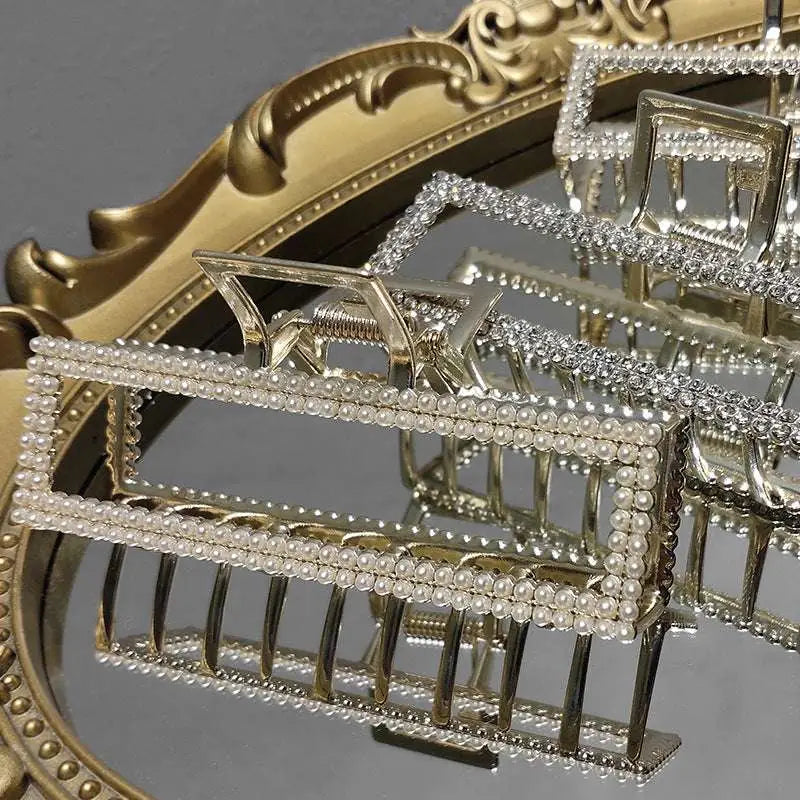Elegant sweet pearl silver claw clip rectangular frame adorned with small white pearls and clear sparkling crystals
