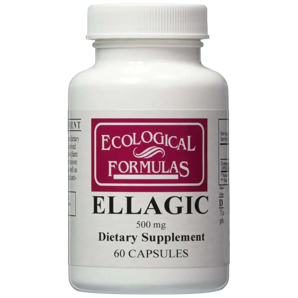 White plastic bottle with maroon label of ecological formulas ellagic 500 mg dietary supplement 60 capsules health and beauty