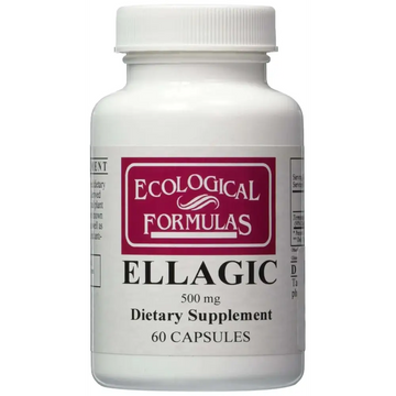 White plastic bottle with maroon label of ecological formulas ellagic 500 mg dietary supplement 60 capsules health and beauty