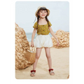 Yellow floral short-sleeved top with button front and ruffled sleeves paired with embroidered floral big children’s soft-soled sandals