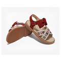 Red and cream embroidered floral big children’s soft-soled sandals with bow detail on the ankle strap