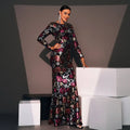 Embroidered floral long sleeve evening gown with black base and shimmering magenta silver and gold floral embroidery