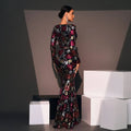 Embroidered floral long sleeve evening gown in deep burgundy and black with metallic gold and silver floral embroidery