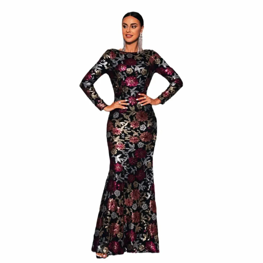 Embroidery floral long sleeve evening gown in black with intricate burgundy and silver floral embroidery floor-length