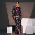 Embroidery floral long sleeve evening gown in black with intricate burgundy and silver floral embroidery floor-length