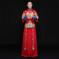 Red traditional embroidered kimono with intricate gold and blue embroidery for chinese wedding couples suits