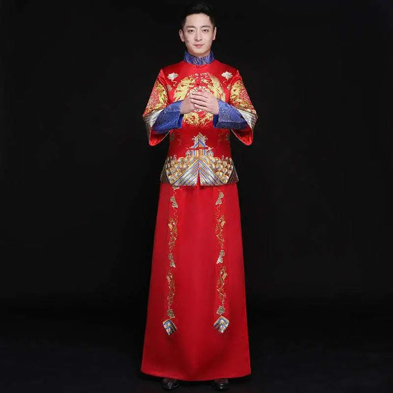 Red traditional embroidered kimono with intricate gold and blue embroidery for chinese wedding couples suits