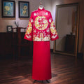 Red embroidered kimono chinese wedding couples suit with intricate gold dragon embroidery and matching long skirt