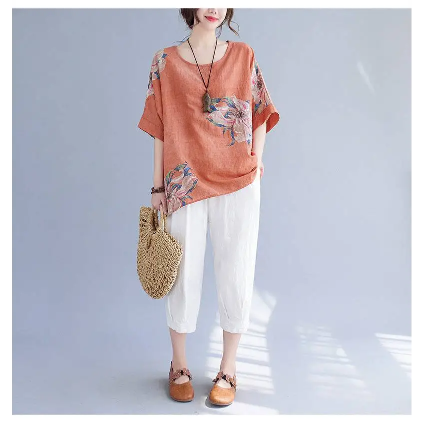 Orange floral print linen top with floral embroidery made of embroidered Korean cotton hemp fabric for casual wear