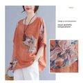 A soft peach embroidered Korean cotton hemp half sleeve top with loose fit and vibrant floral embroidery in pink and blue