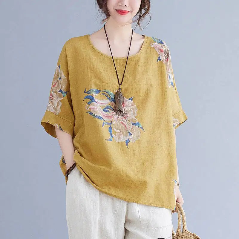 Yellow linen embroidered Korean cotton hemp half sleeve top with soft pastel floral embroidery design