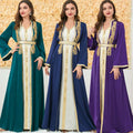 Elegant embroidered long sleeve foreign trade dress abayas in emerald navy and purple with gold thread detailing