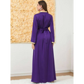 A flowing purple satin embroidered long sleeve foreign trade dress robe with gold thread detailing on cuffs and collar tied at waist